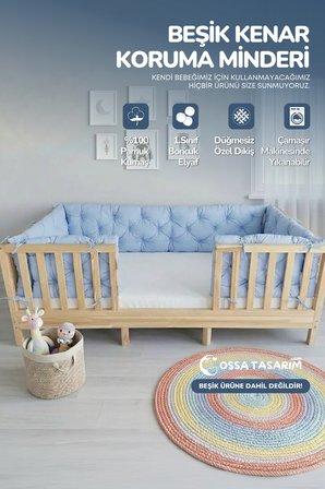 Beşik Kenar Koruma Minderi %100 Pamuk - Montessori Yatak Uyumlu - Bebe Mavi - Buble Soft