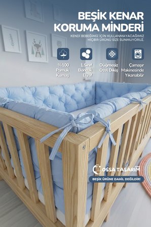 Beşik Kenar Koruma Minderi %100 Pamuk - Montessori Yatak Uyumlu - Bebe Mavi - Buble Soft
