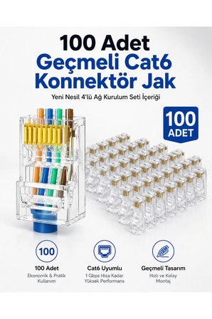 Yeni Nesil 4'lü Ağ Kurulum Seti - Delikli Ez RJ45 Kablo Çakma Pensesi, Krone Bıçağı, 100 Adet Geçmeli Cat6 Konnektör Jak ve 100 Adet Gri Kablo Koruyucu Kılıf Boot