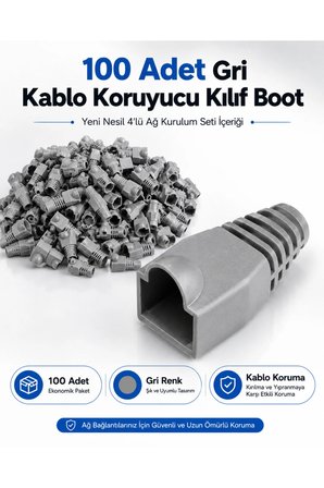 Yeni Nesil 4'lü Ağ Kurulum Seti - Delikli Ez RJ45 Kablo Çakma Pensesi, Krone Bıçağı, 100 Adet Geçmeli Cat6 Konnektör Jak ve 100 Adet Gri Kablo Koruyucu Kılıf Boot