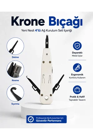 Yeni Nesil 4'lü Ağ Kurulum Seti - Delikli Ez RJ45 Kablo Çakma Pensesi, Krone Bıçağı, 100 Adet Geçmeli Cat6 Konnektör Jak ve 100 Adet Gri Kablo Koruyucu Kılıf Boot