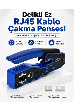 Yeni Nesil 4'lü Ağ Kurulum Seti - Delikli Ez RJ45 Kablo Çakma Pensesi, Krone Bıçağı, 100 Adet Geçmeli Cat6 Konnektör Jak ve 100 Adet Gri Kablo Koruyucu Kılıf Boot