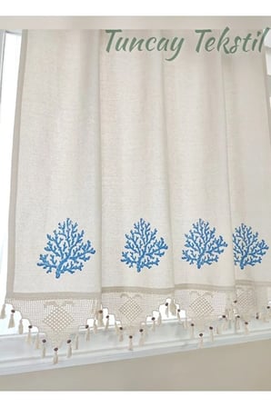 Kırmızı Mercan Baskılı %100 Pamuklu El Işi Dantelli Buldan Işi Keten Perde