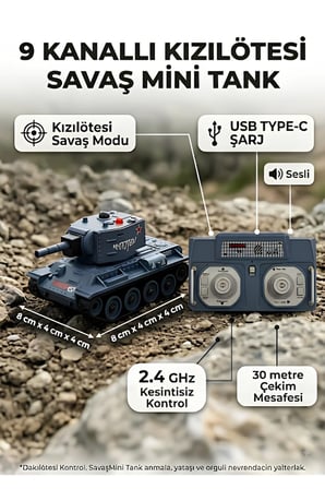 1:64 Ölçek 2.4 Ghz 9 Kanal Kızıl Ötesi Savaş Özellikli Uzaktan Kumandalı Typ-C Şarjlı Mini Tank