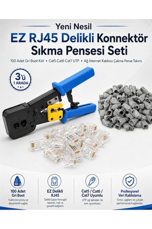 Yeni Nesil EZ RJ45 Delikli Konnektör Sıkma Pensesi Seti 100 Adet Gri Boot Kılıf Cat5 Cat6 Cat7 UTP Ağ İnternet Kablosu Çakma Pense Takımı Veri İletişim Kablolama Seti Profesyonel Bağlantı Elemanları