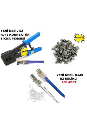 Yeni Nesil EZ RJ45 Delikli Konnektör Sıkma Pensesi Seti 100 Adet Gri Boot Kılıf Cat5 Cat6 Cat7 UTP Ağ İnternet Kablosu Çakma Pense Takımı Veri İletişim Kablolama Seti Profesyonel Bağlantı Elemanları