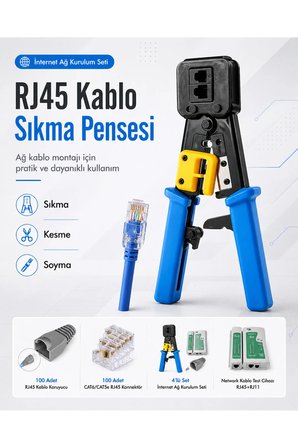MAVİ UZUN SET & İnternet Ağ Kurulum Seti - RJ45 Kablo Sıkma Pensesi, RJ11 RJ45 Kablo Test Cihazı, 100 Adet Cat6 Cat5e Konnektör Jak ve 100 Adet Gri Jak Koruyucu Kılıf Boot