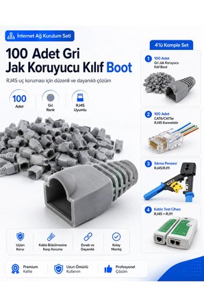 MAVİ UZUN SET & İnternet Ağ Kurulum Seti - RJ45 Kablo Sıkma Pensesi, RJ11 RJ45 Kablo Test Cihazı, 100 Adet Cat6 Cat5e Konnektör Jak ve 100 Adet Gri Jak Koruyucu Kılıf Boot