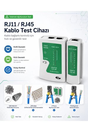 MAVİ UZUN SET & İnternet Ağ Kurulum Seti - RJ45 Kablo Sıkma Pensesi, RJ11 RJ45 Kablo Test Cihazı, 100 Adet Cat6 Cat5e Konnektör Jak ve 100 Adet Gri Jak Koruyucu Kılıf Boot