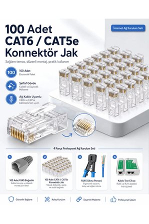 MAVİ UZUN SET & İnternet Ağ Kurulum Seti - RJ45 Kablo Sıkma Pensesi, RJ11 RJ45 Kablo Test Cihazı, 100 Adet Cat6 Cat5e Konnektör Jak ve 100 Adet Gri Jak Koruyucu Kılıf Boot