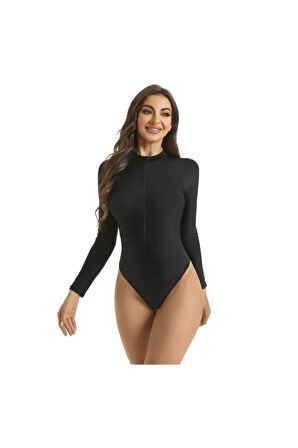 Kadın Sörf Tek Parça Mayo Yüksel Bel Fermuarlı Dalış Uzun Kollu