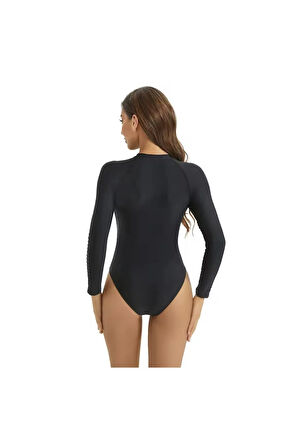 Kadın Sörf Tek Parça Mayo Yüksel Bel Fermuarlı Dalış Uzun Kollu