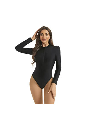Kadın Sörf Tek Parça Mayo Yüksel Bel Fermuarlı Dalış Uzun Kollu