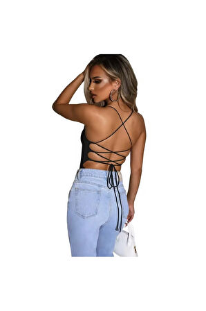 Siyah Kare Yaka Sırt Dekolteli Arkadan Bağlamalı Mayo