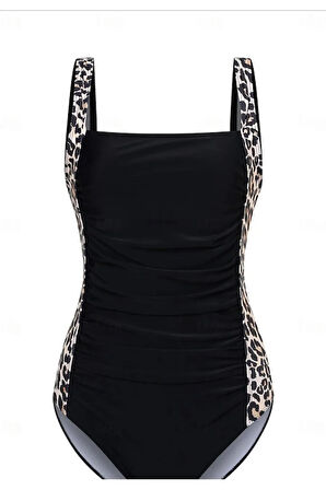 Kare yaka yanları leopar desenli siyah Kadın Mayo