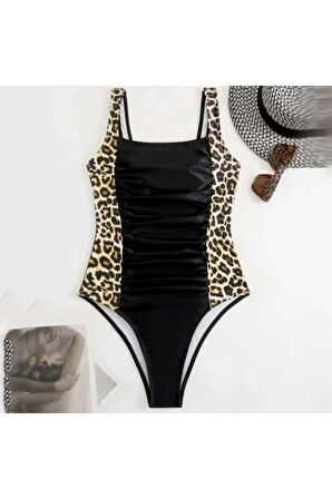 Kare yaka yanları leopar desenli siyah Kadın Mayo