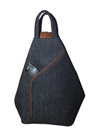 Denim Kumaş Kadın Sırt ve Omuz Çantası Vazo Model Lacivert Denim Taba Deri Detaylı