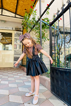 Minigimin Cicileri Leopar Deri Salopet Kısakol Takım - Siyah