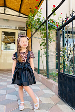 Minigimin Cicileri Leopar Deri Salopet Kısakol Takım - Siyah