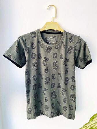 Rakam Baskılı Bisiklet Yaka Tişört - Haki