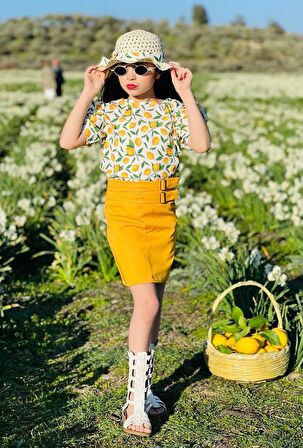 Minigimin Cicileri Kız Çocuk Bluz Etek Şapka Takım Yellow Lemon