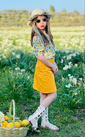 Minigimin Cicileri Kız Çocuk Bluz Etek Şapka Takım Yellow Lemon