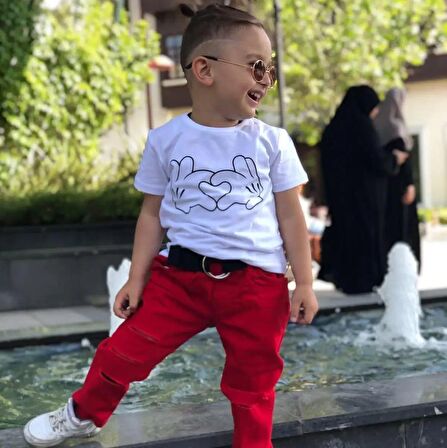 Miniğimin cicileri kalp el baskılı erkek çocuk alt üst takım 