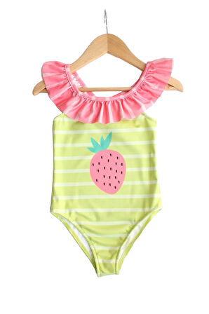 Miniğimin Cicileri Renkli Çilek Desenli Volanlı Kız Çocuk Mayo- Yeşil