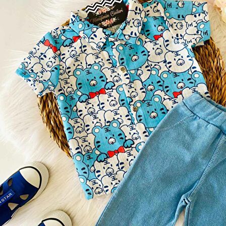 Miniğimincicileri Baby bu sevimli karakterli gömlekli şık bebek takım - mavi