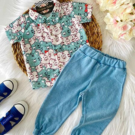 Miniğimincicileri Baby bu sevimli karakterli gömlekli şık bebek takım - yeşil