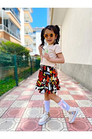 Miniğimin cicileri Şort etekli renkli desenli kız çocuk takım - Bej