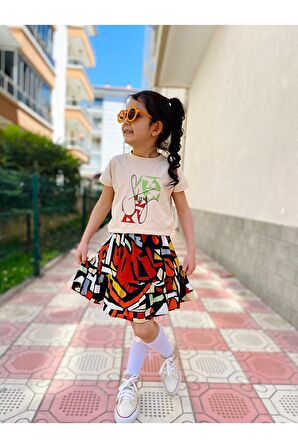 Miniğimin cicileri Şort etekli renkli desenli kız çocuk takım - Bej