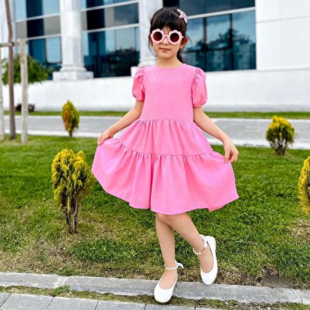 Miniğimin cicileri karpuz kol  pembe kız keten elbise