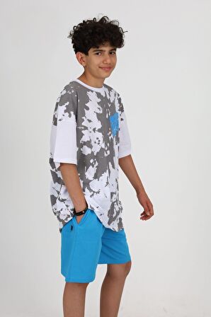 Miniğimin Cicileri 7-14 batik desen genç tarz erkek şortlu takım -mavi