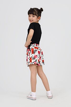 Miniğimin cicileri ribana büzgü detaylı ,desenli çocuk şortlu 2 li takım