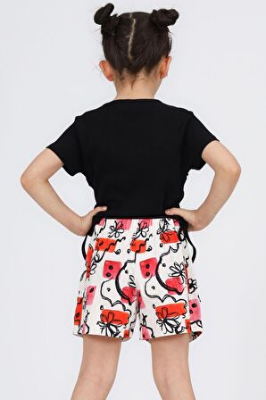 Miniğimin cicileri ribana büzgü detaylı ,desenli çocuk şortlu 2 li takım