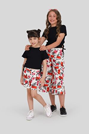 Miniğimin cicileri ribana büzgü detaylı ,desenli çocuk şortlu 2 li takım