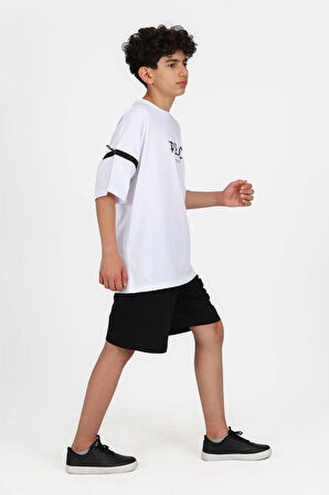 Miniğimin Cicileri 7-14 yaş şortlu real oversize erkek çocuk takım-Beyaz