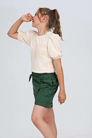 Miniğimin Cicileri Dantel Cep Detaylı Bluz ve Şort 2'li Takım