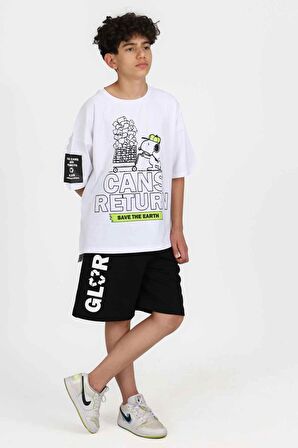 Beyaz Oversize Bisiklet Yaka Kısa Kollu Baskılı Şortlu  Erkek Çocuk Takım 