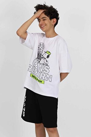 Beyaz Oversize Bisiklet Yaka Kısa Kollu Baskılı Şortlu  Erkek Çocuk Takım 