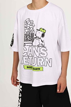 Beyaz Oversize Bisiklet Yaka Kısa Kollu Baskılı Şortlu  Erkek Çocuk Takım 