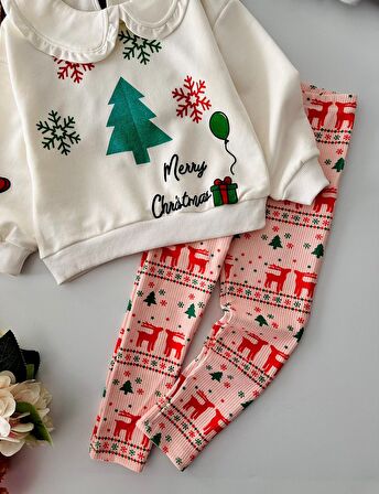 Miniğimin Cicileri Mary Crismas Yılbaşı konsept Taytlı Kız Çocuk Takım - Krem