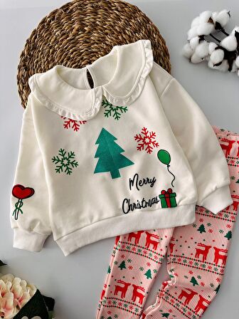 Miniğimin Cicileri Mary Crismas Yılbaşı konsept Taytlı Kız Çocuk Takım - Krem
