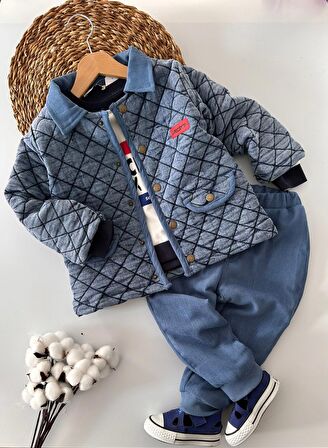 Miniğimin Cicileri İçi Kadife Astarlı Kot Kapitone Mont ve Kadife Pantolon 3 lü Erkek Çocuk Takım - Mavi