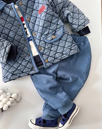 Miniğimin Cicileri İçi Kadife Astarlı Kot Kapitone Mont ve Kadife Pantolon 3 lü Erkek Çocuk Takım - Mavi