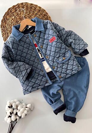 Miniğimin Cicileri İçi Kadife Astarlı Kot Kapitone Mont ve Kadife Pantolon 3 lü Erkek Çocuk Takım - Mavi