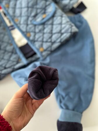 Miniğimin Cicileri İçi Kadife Astarlı Kot Kapitone Mont ve Kadife Pantolon 3 lü Erkek Çocuk Takım - Mavi