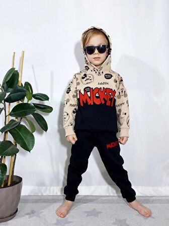 Minigimin Cicileri Mickey Aplike Desen Kapüşonlu Erkek Çocuk Takım - Siyah