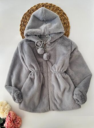 Miniğimin Cicileri Pelüş Kız Çocuk Kapüşonlu Kız Çocuk Mont - Duman